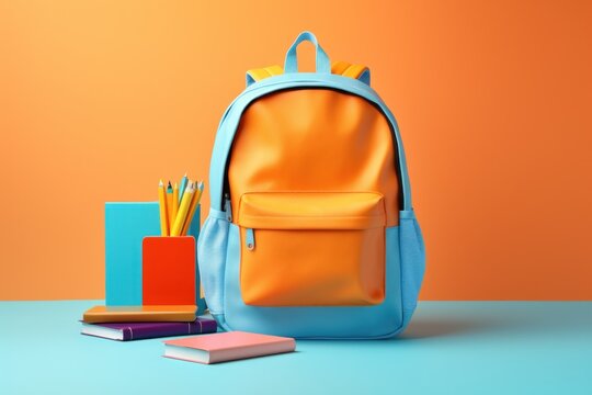 orange blue backpack on an orange and blue background,corandas,notebooks,books,concept back to school
