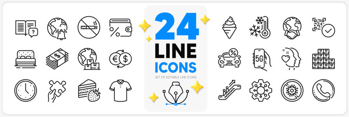 Icons set of Internet notification, Bed and International delivery line icons pack for app with Escalator, Ice cream, Time thin outline icon. Puzzle, Money exchange, Car leasing pictogram. Vector