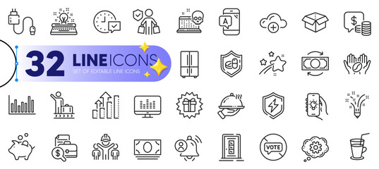 Outline set of Accounting report, Coffee and Engineering team line icons for web with Electric app, Luggage belt, Restaurant food thin icon. Cash money, Typewriter, Stop voting pictogram icon. Vector