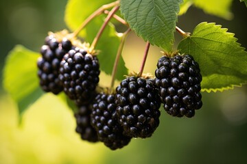 A bunch of blackberries growing on a branch with green leaves. The blackberries are ripe and plump.