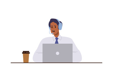 Helpline operator male worker character in headphones giving remote consultation for business