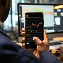 "Create a realistic composite image that seamlessly blends a close-up view of a Bitcoin gold cryptocurrency trading chart displayed on a smartphone (resolution 800x534 pixels) with a background or adj