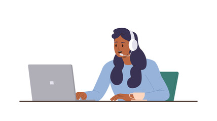 Saleswoman character female operator call center working at laptop on desk isolated on white