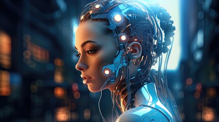 Fototapeta premium Cyborg woman Sci-fi robot neon. AI generation