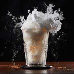 Cocktail with cream and ice. Milk with orange topping. Splash of drink on a plain background.