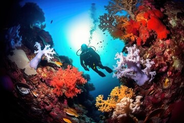 Fototapeta na wymiar Scuba diver swimming across colorful seascape with coral, fish and sunlight