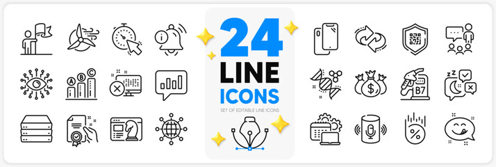 Icons set of Loan percent, Information bell and Chemistry dna line icons pack for app with Seo strategy, Software, Certificate thin outline icon. Servers, Yummy smile, Timer pictogram. Vector