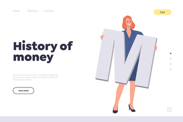 History of money concept for landing page template with happy woman character holding font letter m
