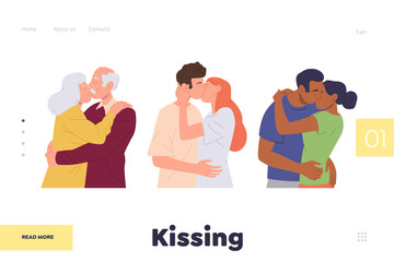 Kissing concept for landing page design template with different happy loving couple characters