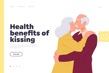 Health benefits of kissing landing page template with old senior man and woman couple hugging design