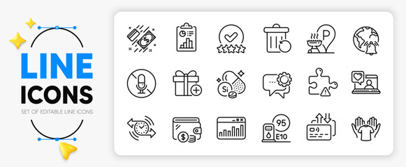 Friends chat, Silicon mineral and Report line icons set for app include Internet notification, Add gift, Card outline thin icon. Grill place, No microphone, Timer pictogram icon. Vector
