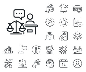 Justice scale sign. Salaryman, gender equality and alert bell outline icons. Court judge line icon. Judgement law symbol. Court judge line sign. Spy or profile placeholder icon. Vector