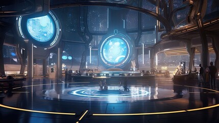Fototapeta na wymiar Sci-fi futuristic interior, neon. AI generation
