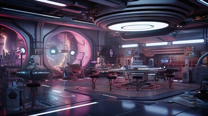 Fototapeta premium Sci-fi futuristic interior, neon. AI generation