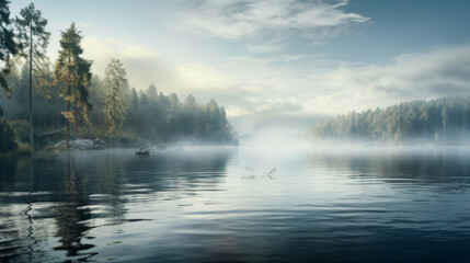 Scenic view of misty and foggy lake