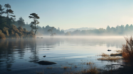 Naklejka premium Scenic view of misty and foggy lake