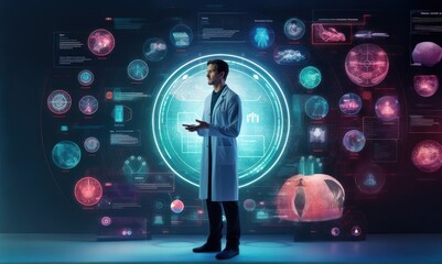 concept of AI-enabled personalized medicine, showcasing the use of patient data, genetic information, and AI algorithms
