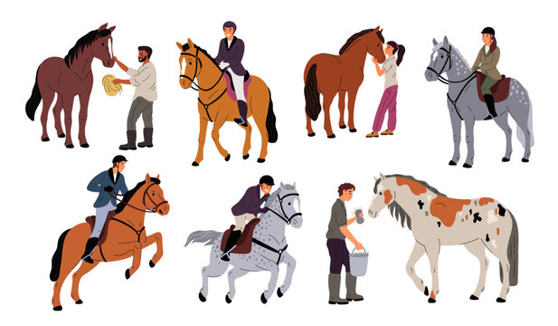 Cartoon people with horses. Jockeys in gear. Professional equestrian sports. Equine racing. Animal care. Hippodrome workers. Stallion grooming. Rider in horseback saddle. Garish vector set