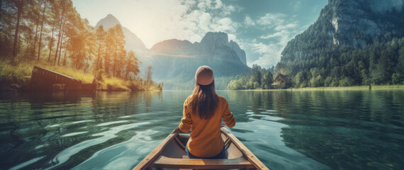Rear view of woman sitting in a canoe in the middle of a large calm natural lake. - obrazy, fototapety, plakaty