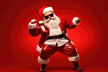 Dancing Hipster Santa Wearing Sunglasses and Leather for Christmas on a Red Background with Space for Copy