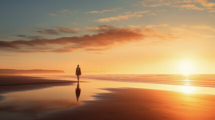 Fototapeta na wymiar Radiant Horizon concept, A person standing on a beach during sunrise, facing the new day