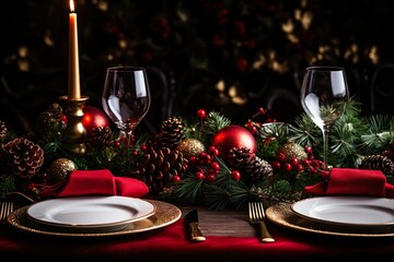 festive christmas dinner setting. Seasonal holiday dining background | Generative AI