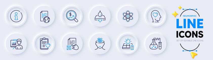 Patient history, Currency audit and Chemistry atom line icons for web app. Pack of Qr code, Water resistant, Solar panel pictogram icons. Mental health, Presentation, Info signs. Vector