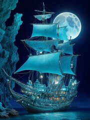 Envision a captivating scene of a mystic pirate ship adrift on the enchanting turquoise waters of a...