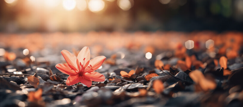 Blossoming Dreams, A blooming flower surrounded by fallen petals, symbolizing renewal