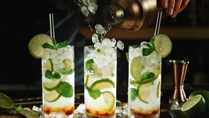 Super Slow Motion Shot of Prepairing Fresh Mojito Drink on Bar With Camera Motion at 1000fps