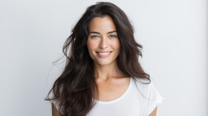 Fototapeta premium portrait of an attractive female in her 30s with long black hair isolated against a white background