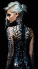brutal female weared in leather and latex costume on black background, back view, studio shot, generative ai