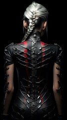 Fototapeta na wymiar brutal female weared in leather and latex costume on black background, back view, studio shot, generative ai