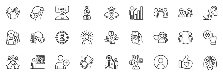 Fototapeta na wymiar Icons pack as Winner cup, Chat app and Add user line icons for app include People communication, Workflow, Sick man outline thin icon web set. Manager, Social distancing, Headshot pictogram. Vector