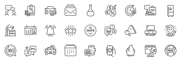 Icons pack as Calendar, 24h delivery and Inventory report line icons for app include Inflation, Chemistry lab, Attention outline thin icon web set. Car leasing, Fire energy. Vector