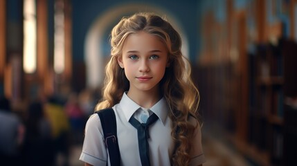 Beautiful schoolgirl in uniform smiling, close-up, Generative AI
