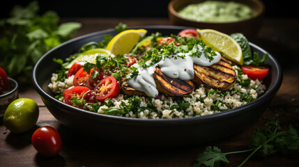 bowl with quinoa , lemon and herbs as well as sour creme and steak 