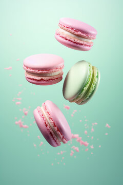 Commercial photography, close up of four macaroons flying in the air, levitation, pink and green colors. Isolated on flat pastel background, creative wallpaper. 3d render style.