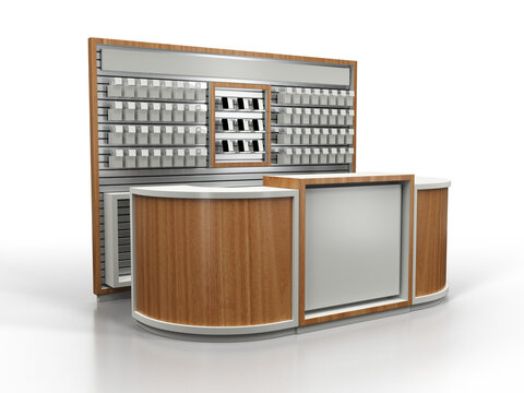 Showcase, counter, reception, place for trade and payment. 3d illustration