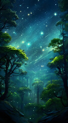 Jungle rainforest landscape full of star light rays and glowing stars hd phone wallpaper, ai generated