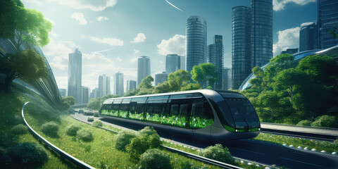 Naklejka premium The Future of Mobility, Innovative Transportation Systems and Advanced Technologies for Efficient Urban Planning. Sustainable transportation solutions. Green energy creative concept. 3d render style.
