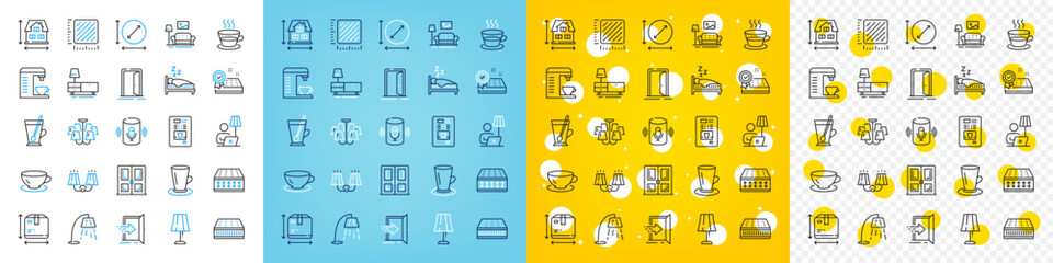 Vector icons set of Coffee machine, Espresso and Mattress line icons pack for web with Door, Entrance, Open door outline icon. Sconce light, Voice assistant, Floor lamp pictogram. Vector