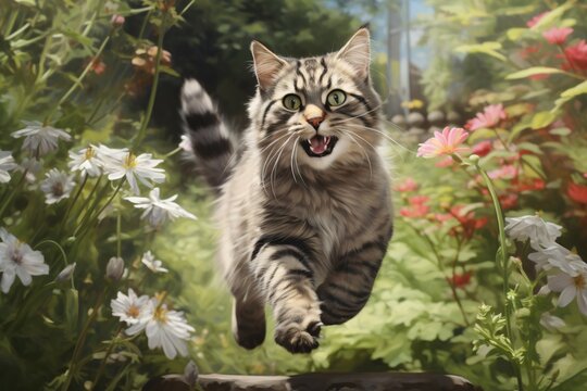 cat running in the garden