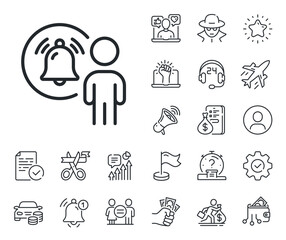 Alarm bell reminder sign. Salaryman, gender equality and alert bell outline icons. User notification line icon. Message alert symbol. User notification line sign. Vector