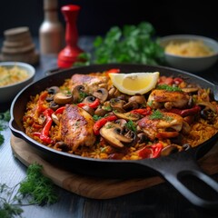 Chicken Paella with mushrooms, red pepper, spices | Generative AI