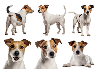 Jack Russell Terrier dog puppy, many angles and view portrait side back head shot isolated on transparent background cutout, PNG file - obrazy, fototapety, plakaty