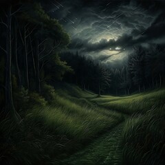 Artwork of a Path Through a Meadow of Tall Grass at Night