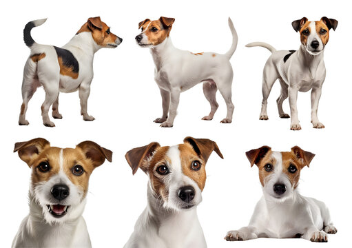 Jack Russell Terrier dog puppy, many angles and view portrait side back head shot isolated on transparent background cutout, PNG file