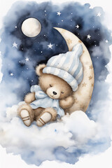 Teddy bear sleeping on a cloud with the Crescent moon
