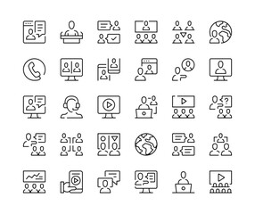 Online conference icons. Vector line icons set. Video call, internet event, online meeting concepts. Black outline stroke symbols